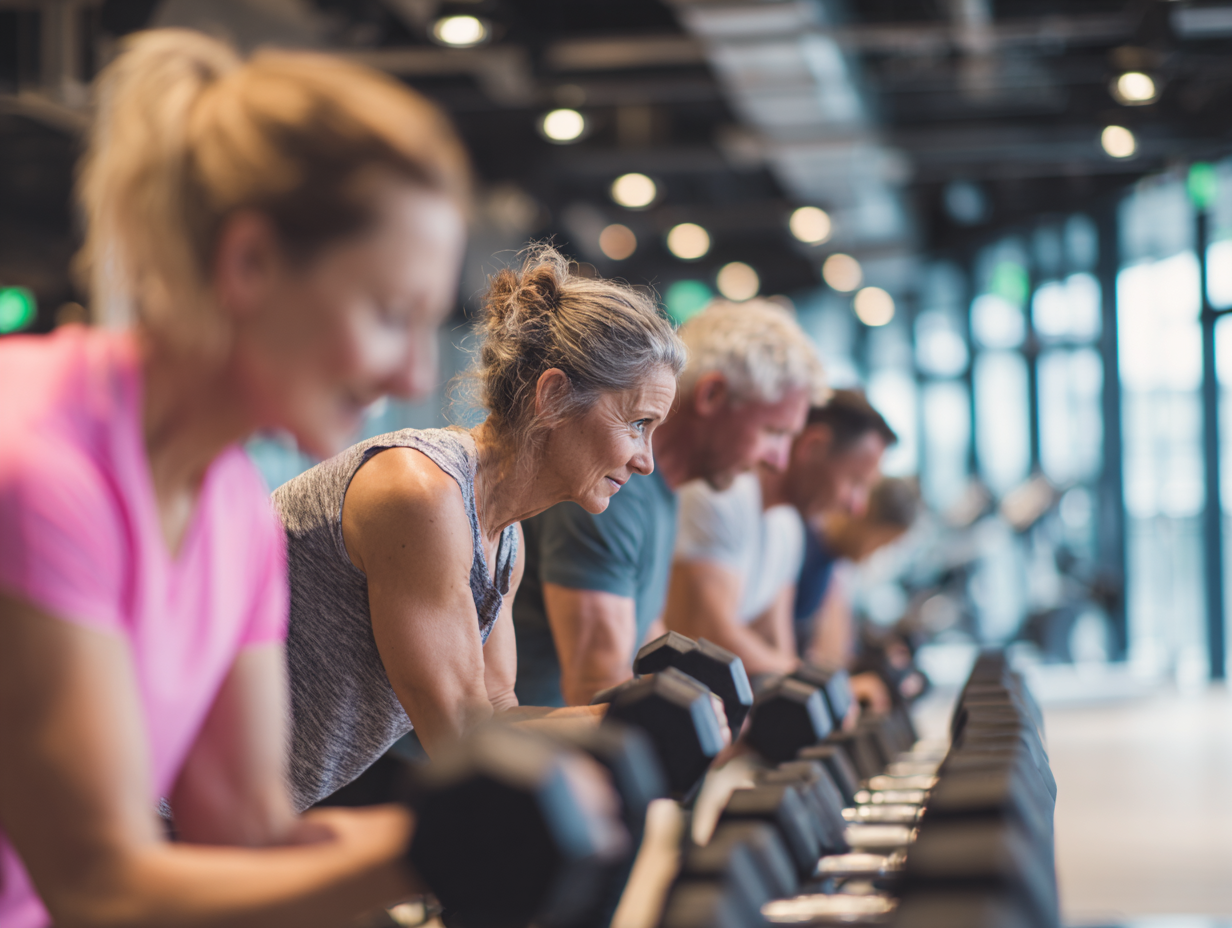 Змішана група людей різного віку виконує функціональні вправи на відкритому повітрі